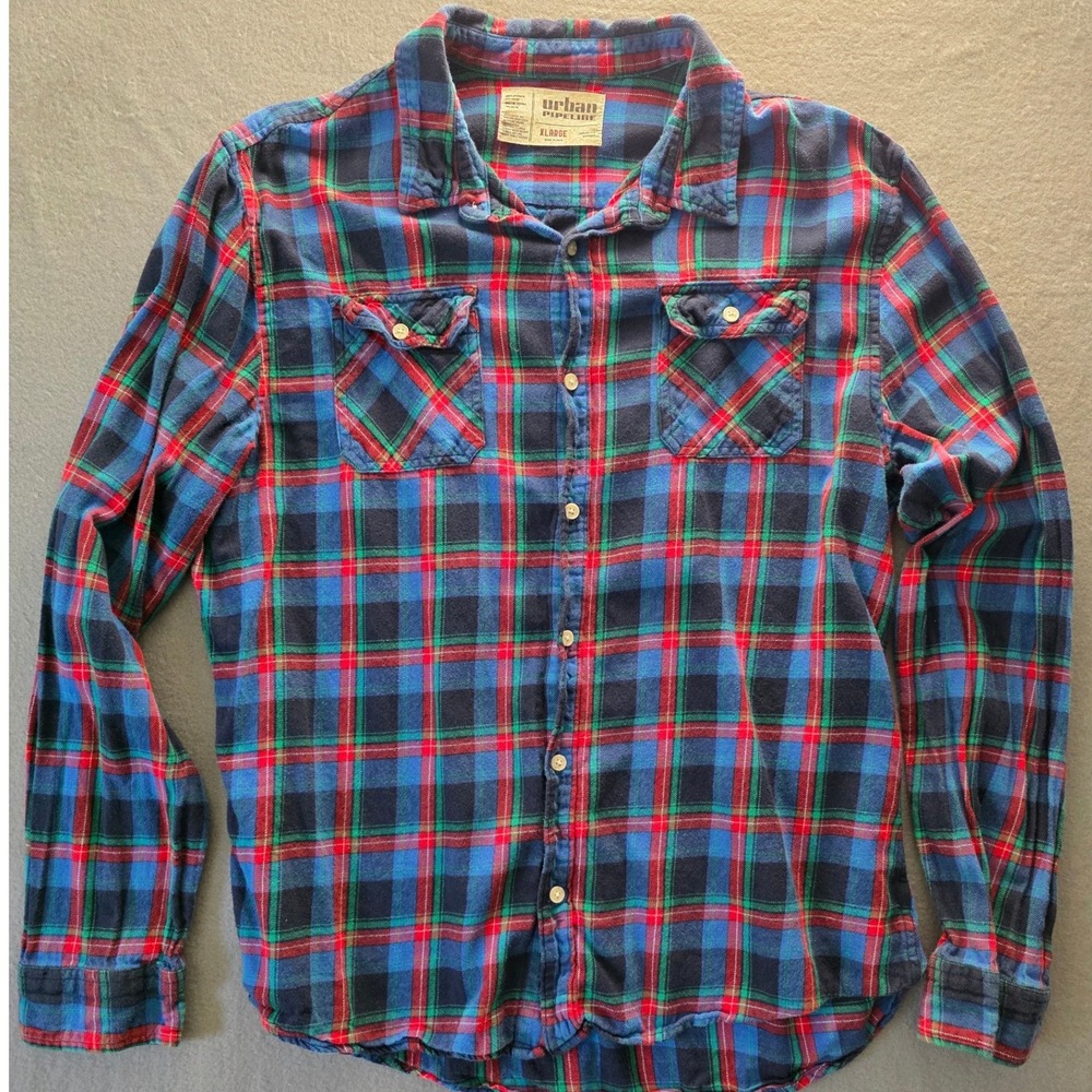 Urban Pipeline Mens XL Flannel Shirt Blue Red Green Plaid Button Down Shirt